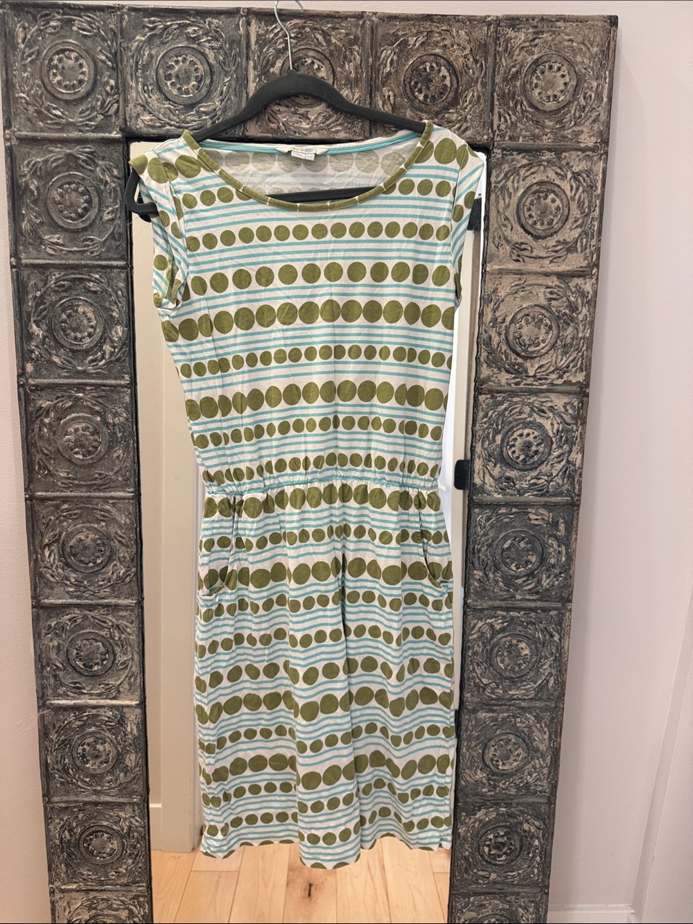 Boden Olive Dot & Light Blue Stripe Midi Dress